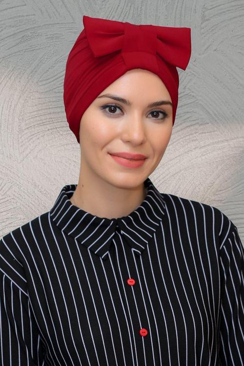 Kırmızı Pratik Hazır Geçmeli Tesettür Bone Sandy Kumaş Fiyonklu Büzgülü 7010_31