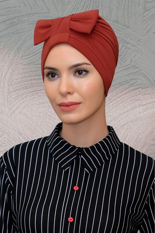 Kiremit Pratik Hazır Geçmeli Tesettür Bone Sandy Kumaş Fiyonklu Büzgülü 7010_05