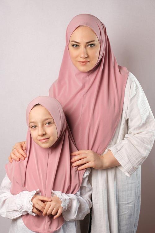 Pudra Pratik Anne Kız Kombin Tesettür Eşarp Sandy Düz Hijab 230812_06