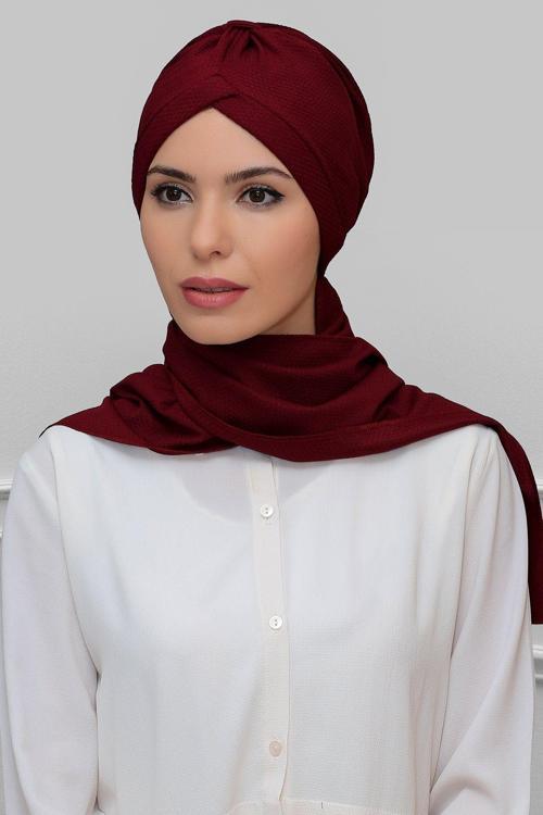 Bordo Pratik Hazır Geçmeli Tesettür Bone Petekli Mevsimlik Büzgülü Atkılı 1860_16