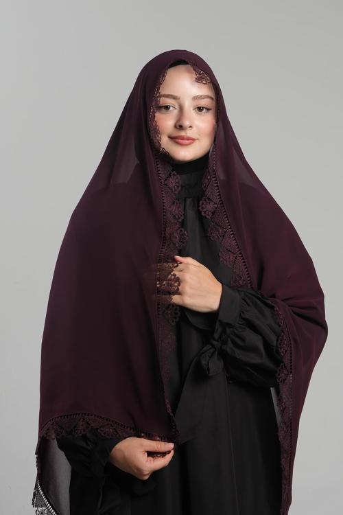 Mürdüm Namaz Başörtüsü Şal Şifon Güpürlü 202106_07