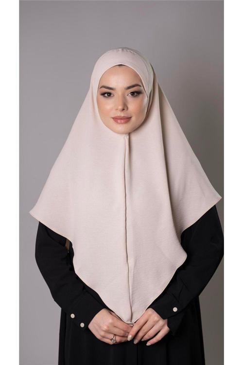 Bej Pratik Hazır Geçmeli Tesettür Eşarp Aerobin Kumaş Düz Hijab 2309_12