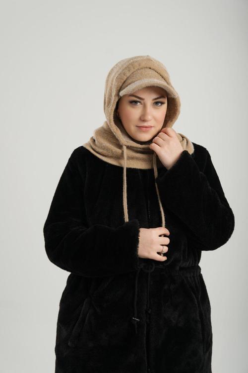 Bej Bağcıklı Peluş Salaş Şapkalı Balaklava Boyunluklu Bere Jakar Düz 2332_12