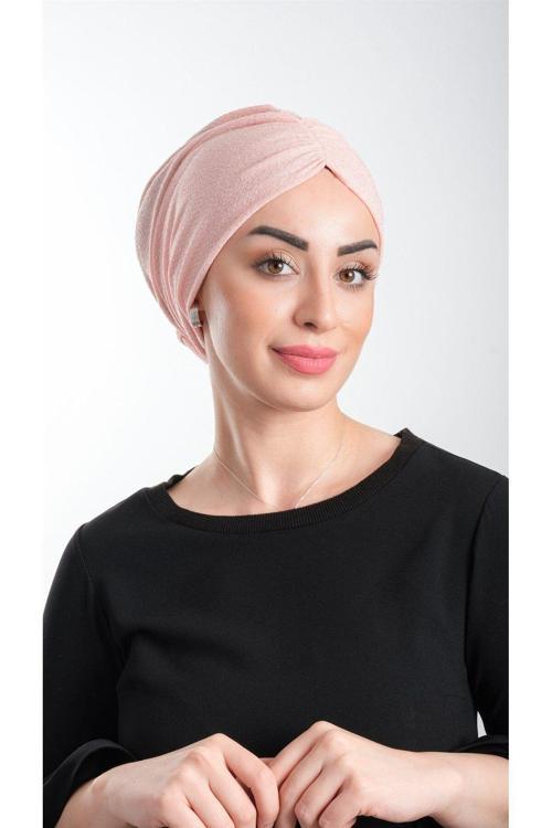 Pudra Pratik Hazır Geçmeli Tesettür Bone Fukuro Simli Büzgülü 2116_06