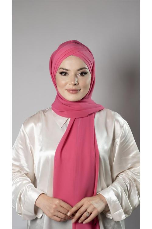 Pembe Pratik Hazır Geçmeli Bone Şal Şifon Kumaş Kendinden Boneli Üç Bantlı 1451_04