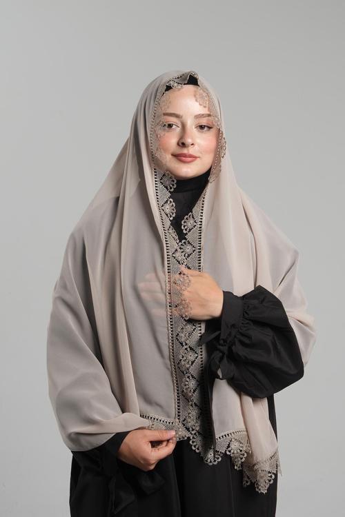 Bej Namaz Başörtüsü Şal Şifon Kumaş Güpürlü 202106_12