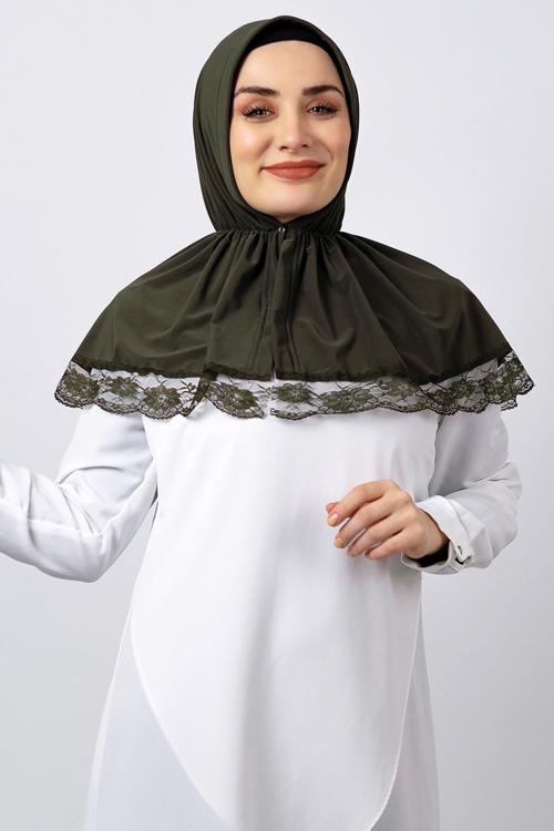 Haki Pratik Hazır Geçmeli Tesettür Eşarp Viskon Kumaş Çıtçıtlı Dantelli 2105_09