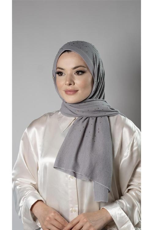 Gri Pratik Hazır Geçmeli Tesettür Şal Örme Kumaş Taş Desenli 2118T_15