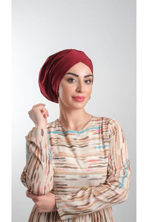 Bordo Pratik Hazır Geçmeli Tesettür Bone Sandy Kumaş Büzgülü 2114_16