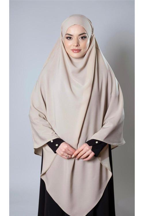 Bej Pratik Hazır Geçmeli Tesettür Eşarp Medine İpeği Bağcıklı Sufle Hijab 2301_12