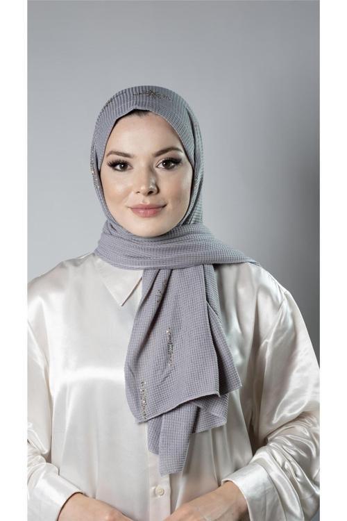 Gri Pratik Hazır Geçmeli Tesettür Şal Örme Kumaş Taşlı Yıldız Desenli  2118Y_15