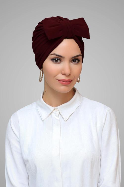 Bordo Pratik Hazır Geçmeli Tesettür Bone Sandy Kumaş Fiyonklu Büzgülü 7006_16
