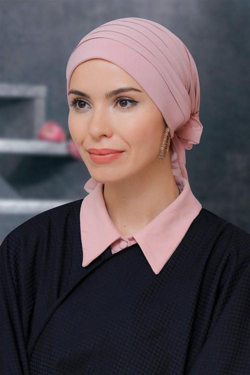 Pudra Pratik Hazır Geçmeli Tesettür Bone Sandy Kumaş Pileli Nervürlü Güllü 1806_06