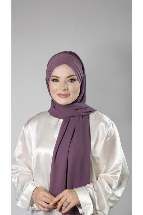 Violet Pratik Hazır Geçmeli Bone Şal Şifon Kumaş Kendinden Boneli Üç Bantlı 1451_21
