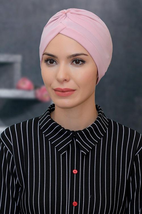 Pudra Pratik Hazır Geçmeli Tesettür Bone Sandy Kumaş Taçlı Büzgülü 1208_06