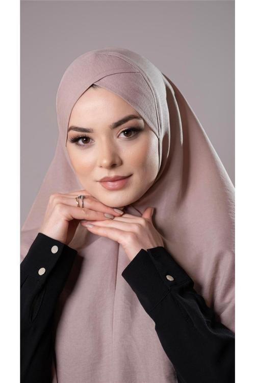Bej Pratik Hazır Geçmeli Tesettür Eşarp Pamuk Caz Kumaş Tek Katlı Çapraz Hijab 2305_12