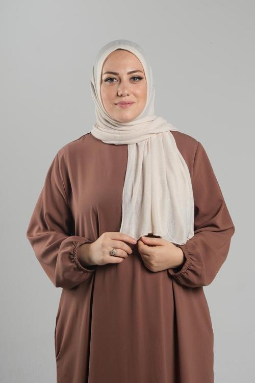 Bej Pratik Hazır Geçmeli Tesettür Şal Örme Kumaş Sade 2118_12