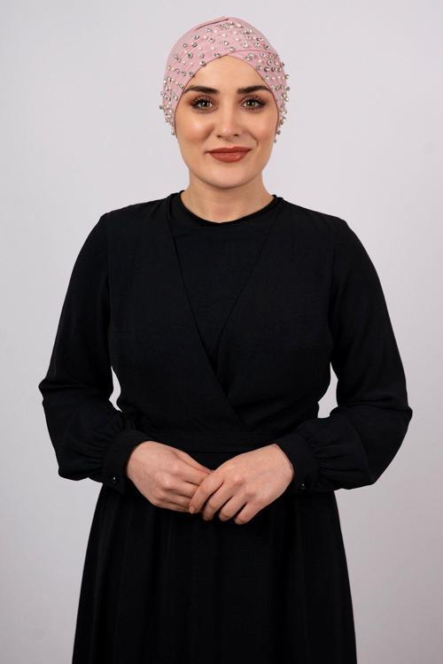 Pudra Pratik Hazır Geçmeli Tesettür Bone Sandy Kumaş Taşlı 1456_06