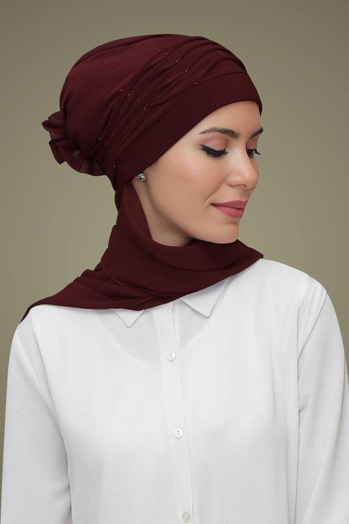 Bordo Pratik Hazır Geçmeli Tesettür Bone Sandy Kumaş Incili Nervürlü Güllü Atkılı 1805A_16