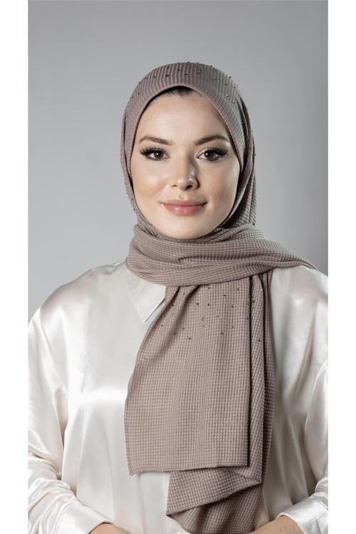 Koyu Vizon Pratik Hazır Geçmeli Tesettür Şal Örme Kumaş Taş Desenli 2118T_38