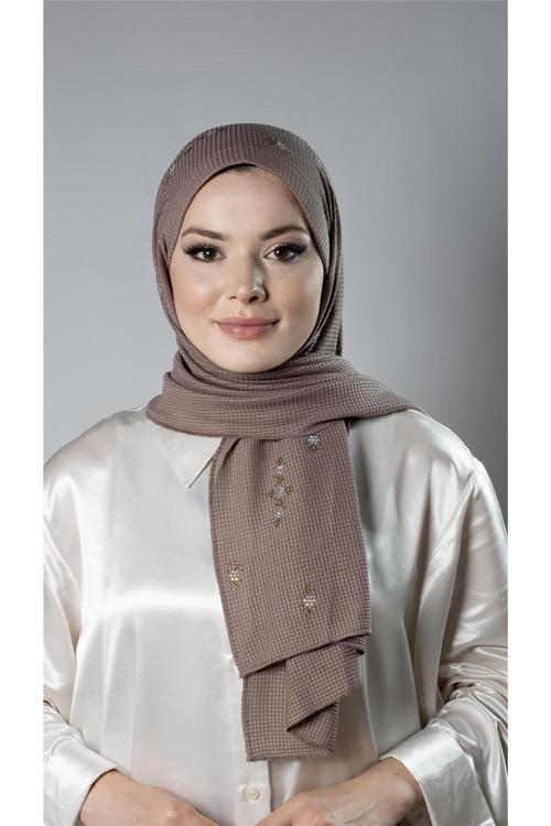 Koyu Vizon Pratik Hazır Geçmeli Tesettür Şal Örme Kumaş Taşlı Çiçek Desenli 2118C_38