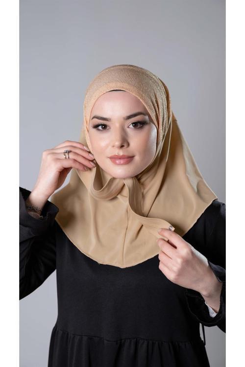 Bej Pratik Hazır Geçmeli Tesettür Eşarp Sandy Kumaş Arkadan Çıtçıtlı 2206_12