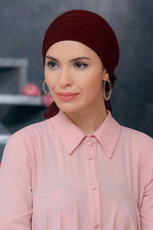 Bordo Pratik Hazır Geçmeli Tesettür Bone Sandy Kumaş Pileli Nervürlü Güllü 1806_16