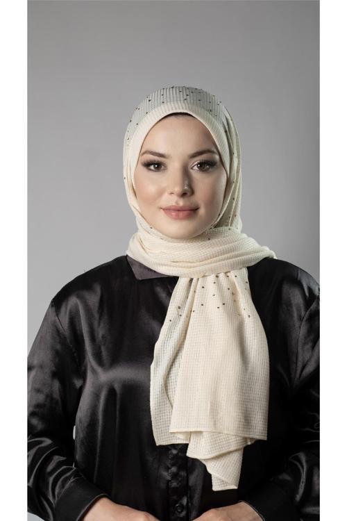 Krem Pratik Hazır Geçmeli Tesettür Şal Örme Kumaş Taş Desenli 2118T_40