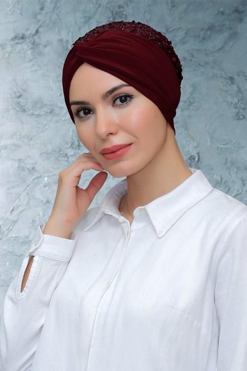 Bordo Pratik Hazır Geçmeli Tesettür Bone Sandy Kumaş Pullu Büzgülü 1906_16