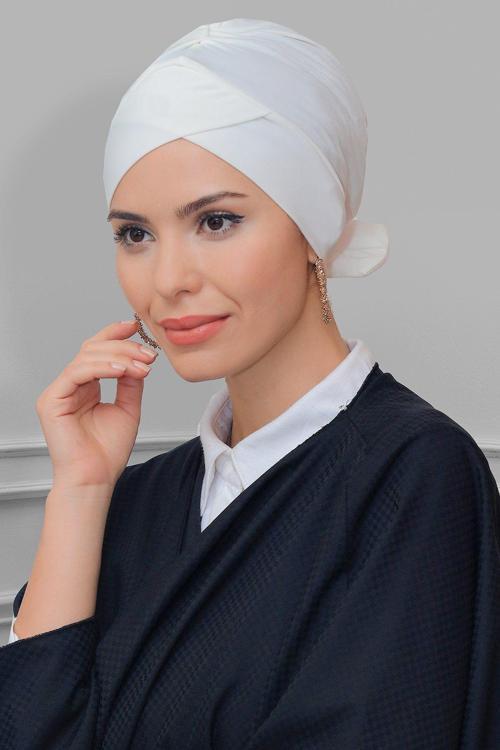 Krem Pratik Hazır Geçmeli Tesettür Bone Sandy Kumaş Fiyonklu Çift Taraflı Tek Çapraz 1833_40