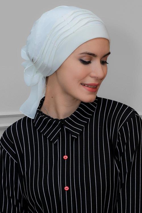 Krem Pratik Hazır Geçmeli Tesettür Bone Sandy Kumaş Incili Pileli Nervürlü Güllü 1805_40