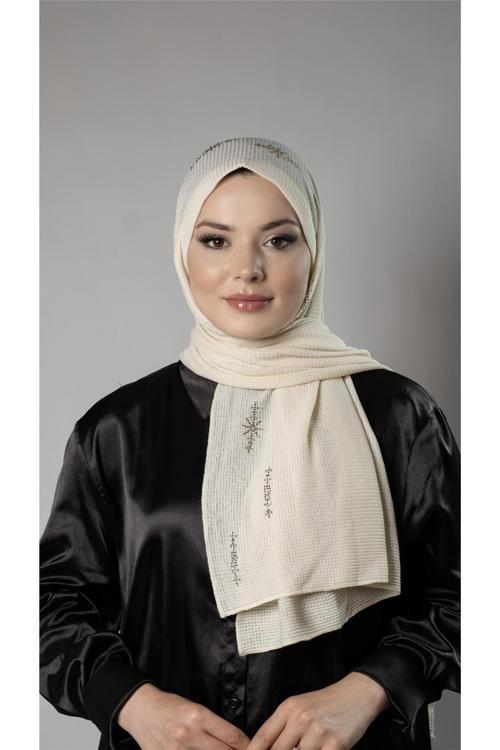 Krem Pratik Hazır Geçmeli Tesettür Şal Örme Kumaş Taşlı Yıldız Desenli 2118Y_40