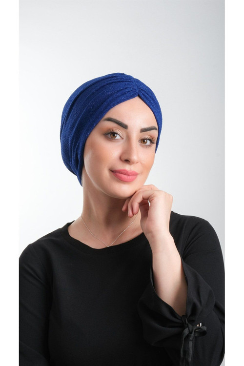 Saks Mavisi Pratik Hazır Geçmeli Tesettür Bone Fukuro Simli Büzgülü 2116_24