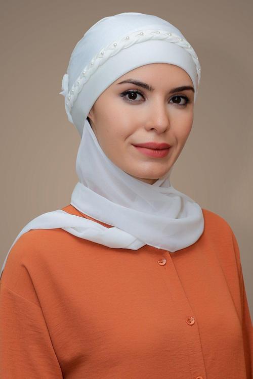 Krem Pratik Hazır Geçmeli Tesettür Bone Sandy Kumaş Örgülü Güllü Şifon Atkılı 1203A_40