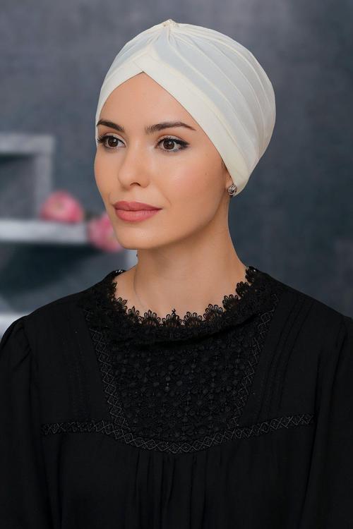 Krem Pratik Hazır Geçmeli Tesettür Bone Sandy Kumaş Taçlı Büzgülü 1208_40