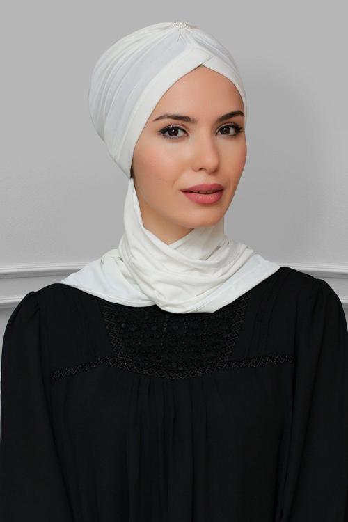 Krem Pratik Hazır Geçmeli Tesettür Bone Sandy Kumaş Taçlı Büzgülü Şifon Atkılı 1208A_40