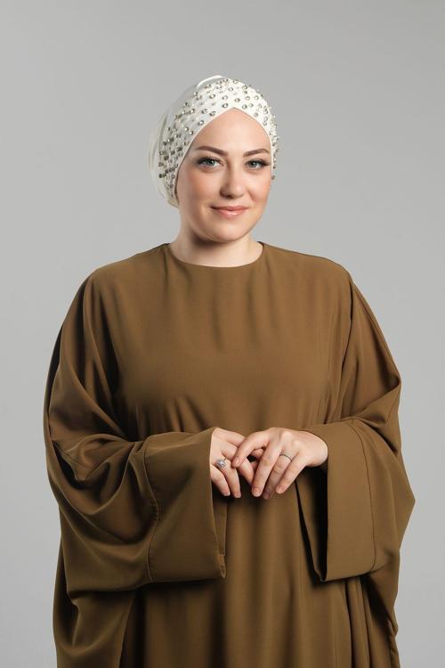 Krem Pratik Hazır Geçmeli Tesettür Bone Sandy Kumaş Taşlı 1456_40