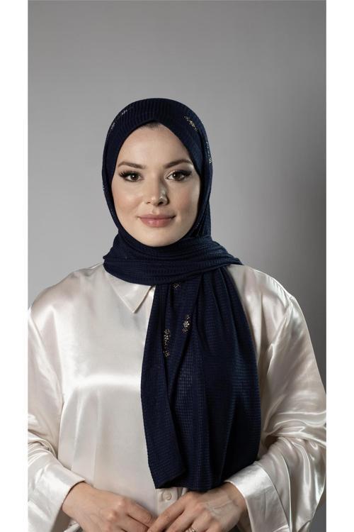 Lacivert Pratik Hazır Geçmeli Tesettür Şal Örme Kumaş Taşlı Çiçek Desenli 2118C_02
