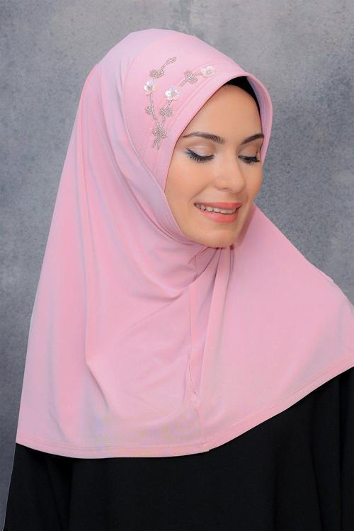 Pudra Pratik Hazır Geçmeli Tesettür Eşarp Sandy Kumaş Elişi Çiçek Işlemeli Pullu 1604_06