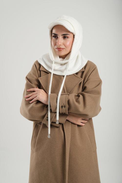 Krem Bağcıklı Peluş Salaş Şapkalı Balaklava Boyunluklu Bere Jakar Düz 2332_40