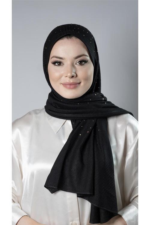 Siyah Pratik Hazır Geçmeli Tesettür Şal Örme Kumaş Taş Desenli 2118T_01