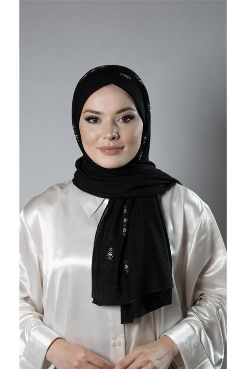 Siyah Pratik Hazır Geçmeli Tesettür Şal Örme Kumaş Taşlı Çiçek Desenli  2118C_01