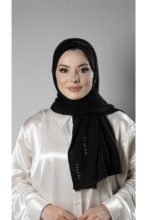 Siyah Pratik Hazır Geçmeli Tesettür Şal Örme Kumaş Taşlı Yıldız Desenli  2118Y_01