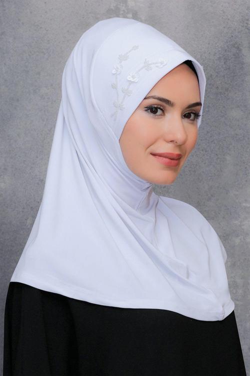Beyaz Pratik Hazır Geçmeli Tesettür Eşarp Sandy Kumaş Elişi Çiçek Işlemeli Pullu 1604_42
