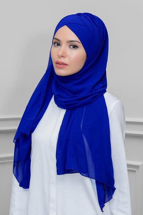 Saks Mavisi Pratik Hazır Geçmeli Bone Şal Şifon Kendinden Boneli Tek Bantlı 1453_24