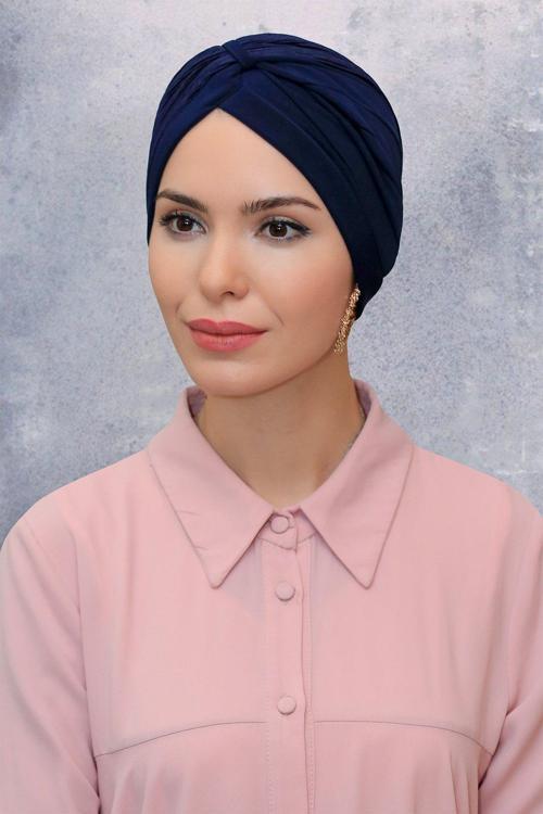 Lacivert Pratik Hazır Geçmeli Tesettür Bone Fukuro Sandy Kumaş Büzgülü 1831_02