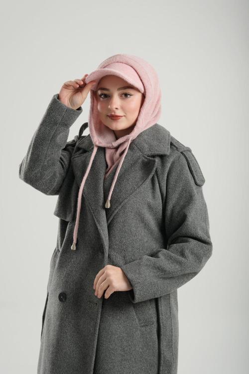 Pudra Bağcıklı Peluş Salaş Şapkalı Balaklava Boyunluklu Bere Jakar Düz 2332_06
