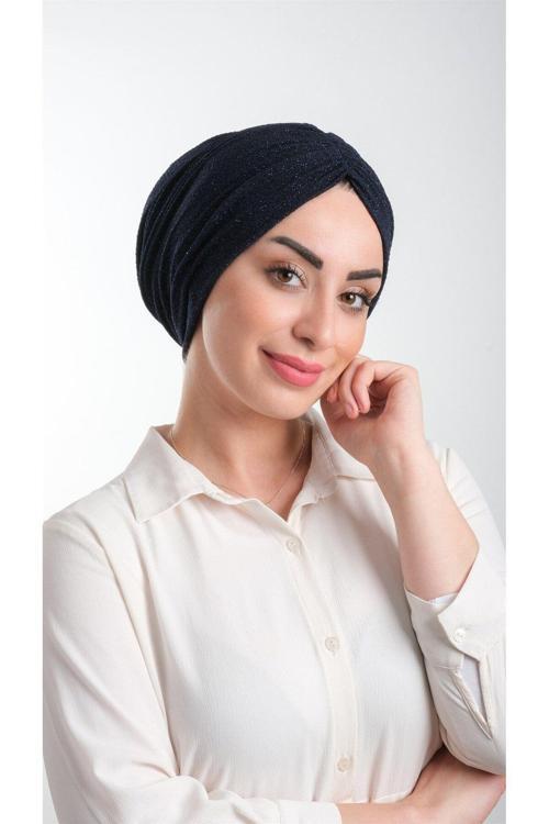 Lacivert Pratik Hazır Geçmeli Tesettür Bone Fukuro Simli Büzgülü 2116_02