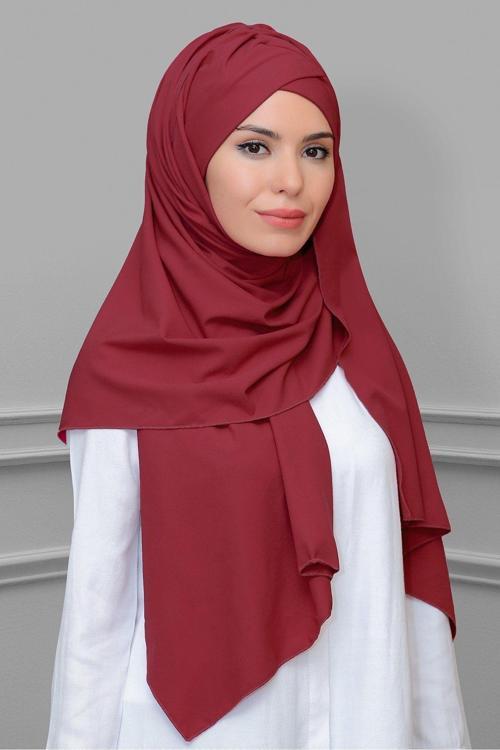 Bordo Pratik Hazır Geçmeli Bone Şal Krep Mevsimlik Tek Bantlı 1453K_16