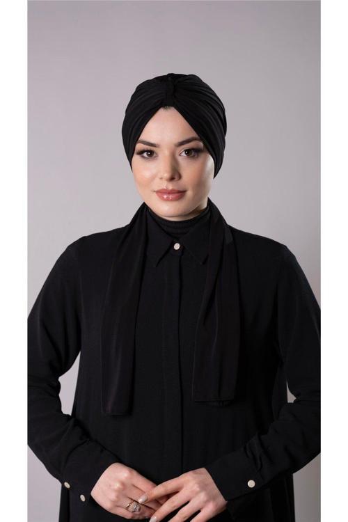 Siyah Pratik Hazır Geçmeli Tesettür Bone Sandy Kumaş Atkılı 2204_01